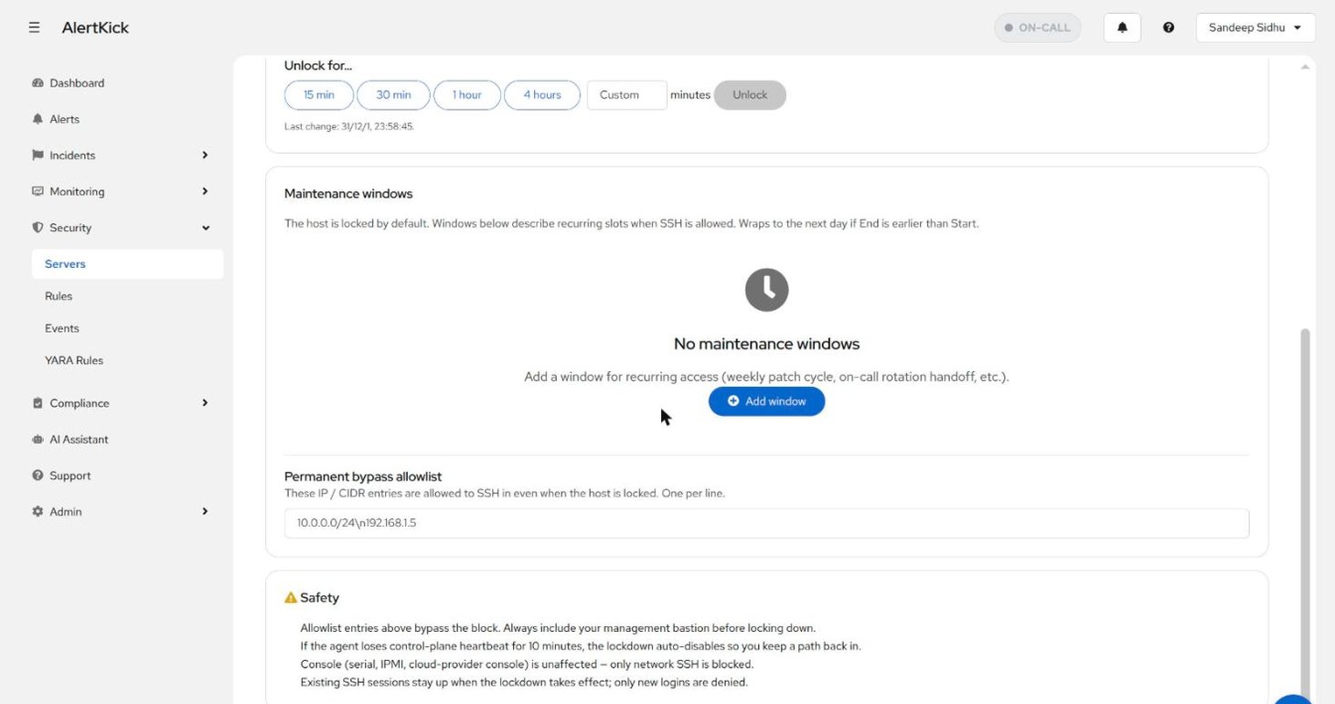 Maintenance windows, the permanent bypass allowlist, and the safety notes on the same tab