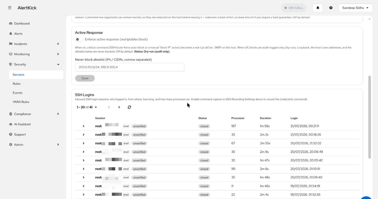 A server's SSH Logins tab: one row per session with trust chip, process count, duration, and login time