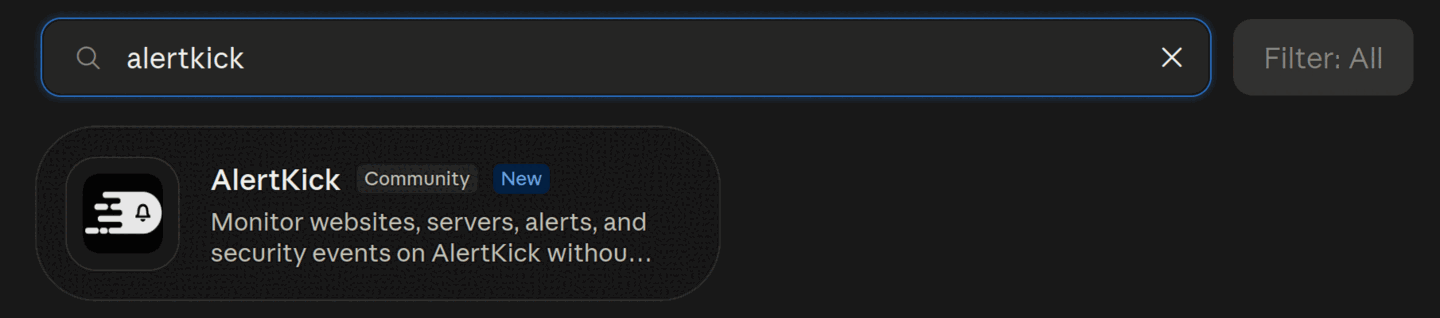 Searching the Claude connector directory for alertkick returns the AlertKick connector