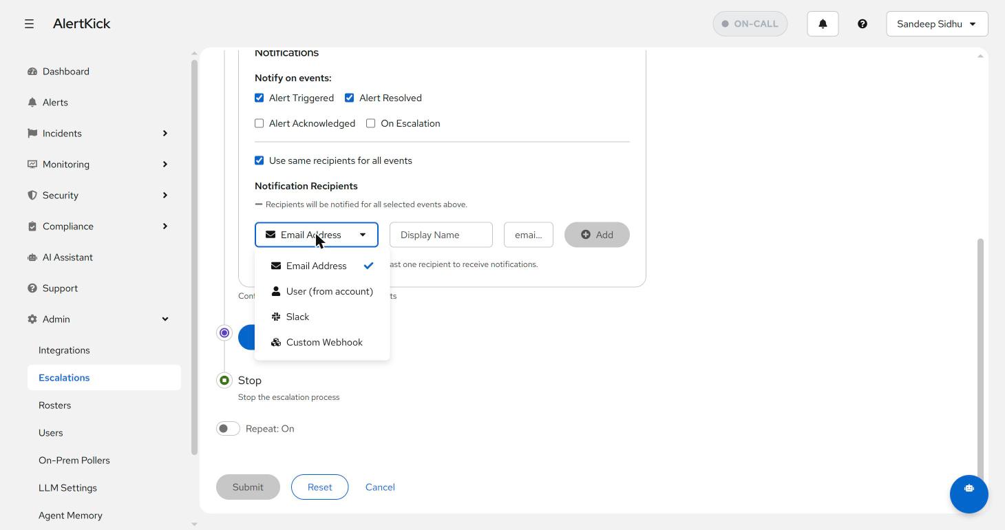 Recipient type dropdown showing Email Address, User, Slack, and Custom Webhook