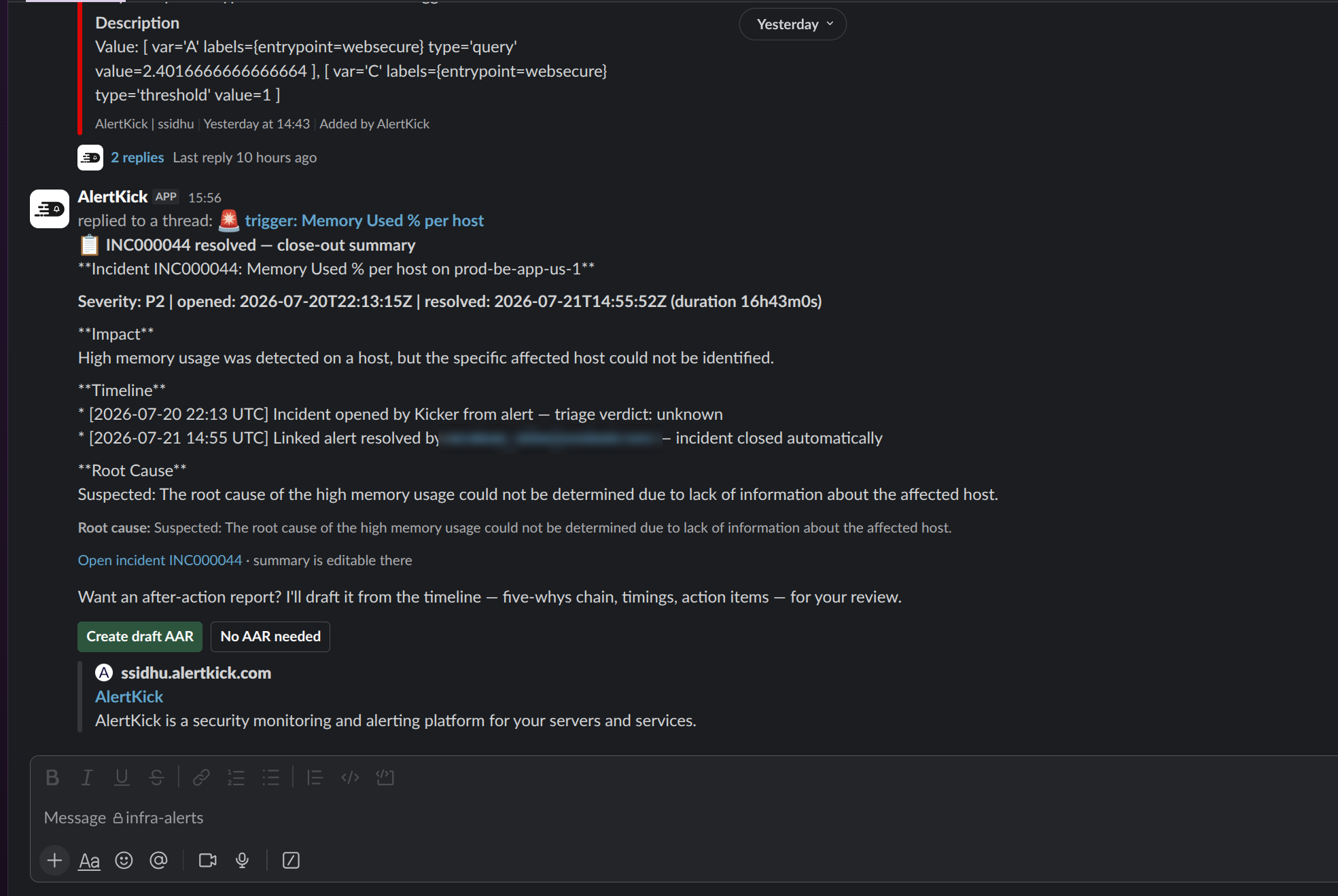 Slack close-out summary for a resolved incident with severity, timeline, root cause, and the Create draft AAR and No AAR needed buttons