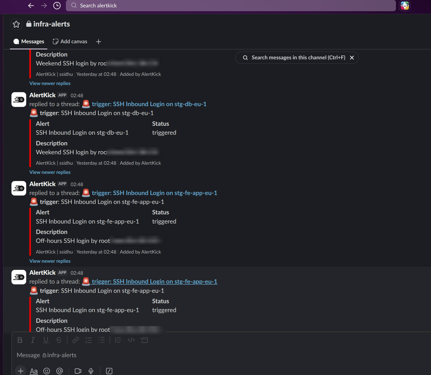 Slack channel with alert messages and their threaded follow-ups