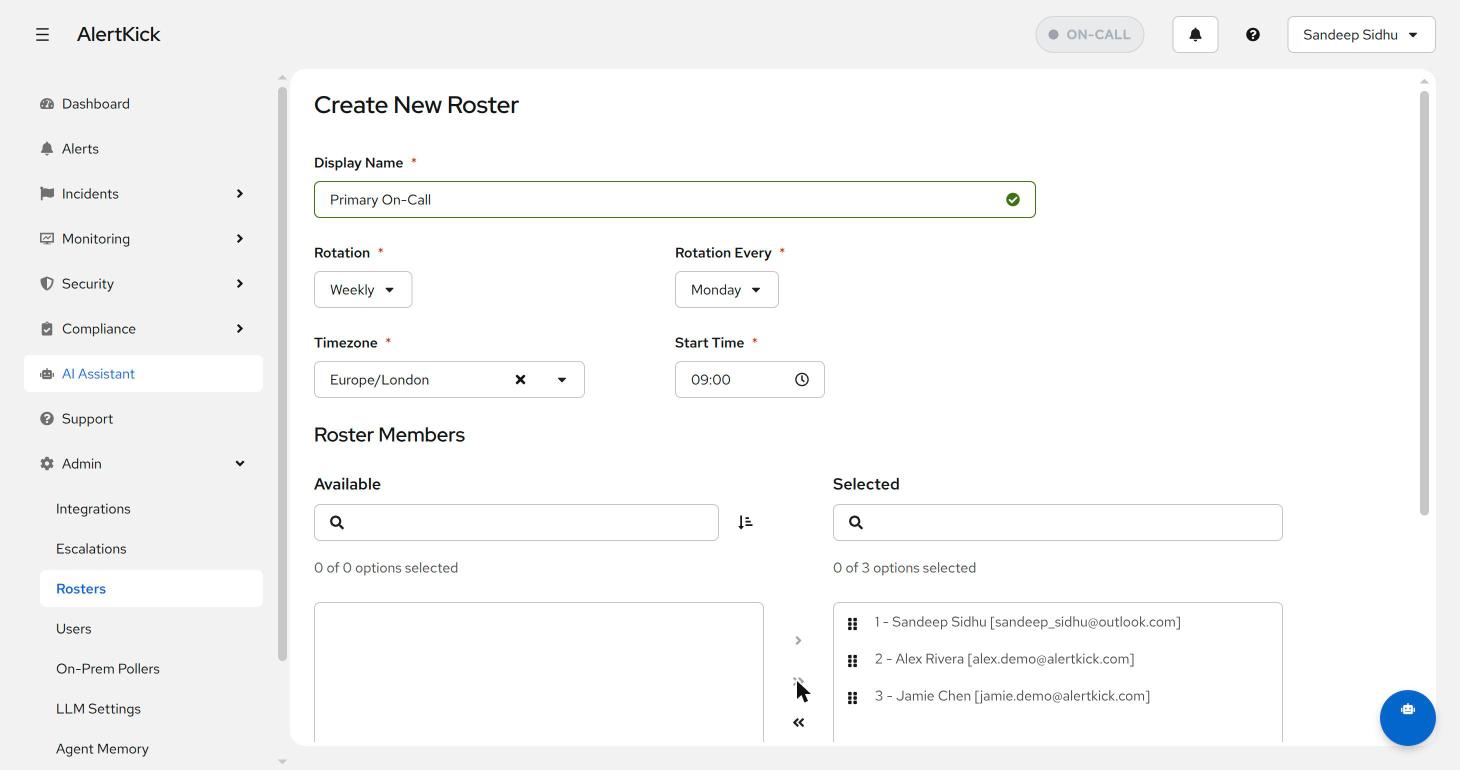 Create New Roster form: weekly rotation on Monday at 09:00 Europe/London with three ordered members
