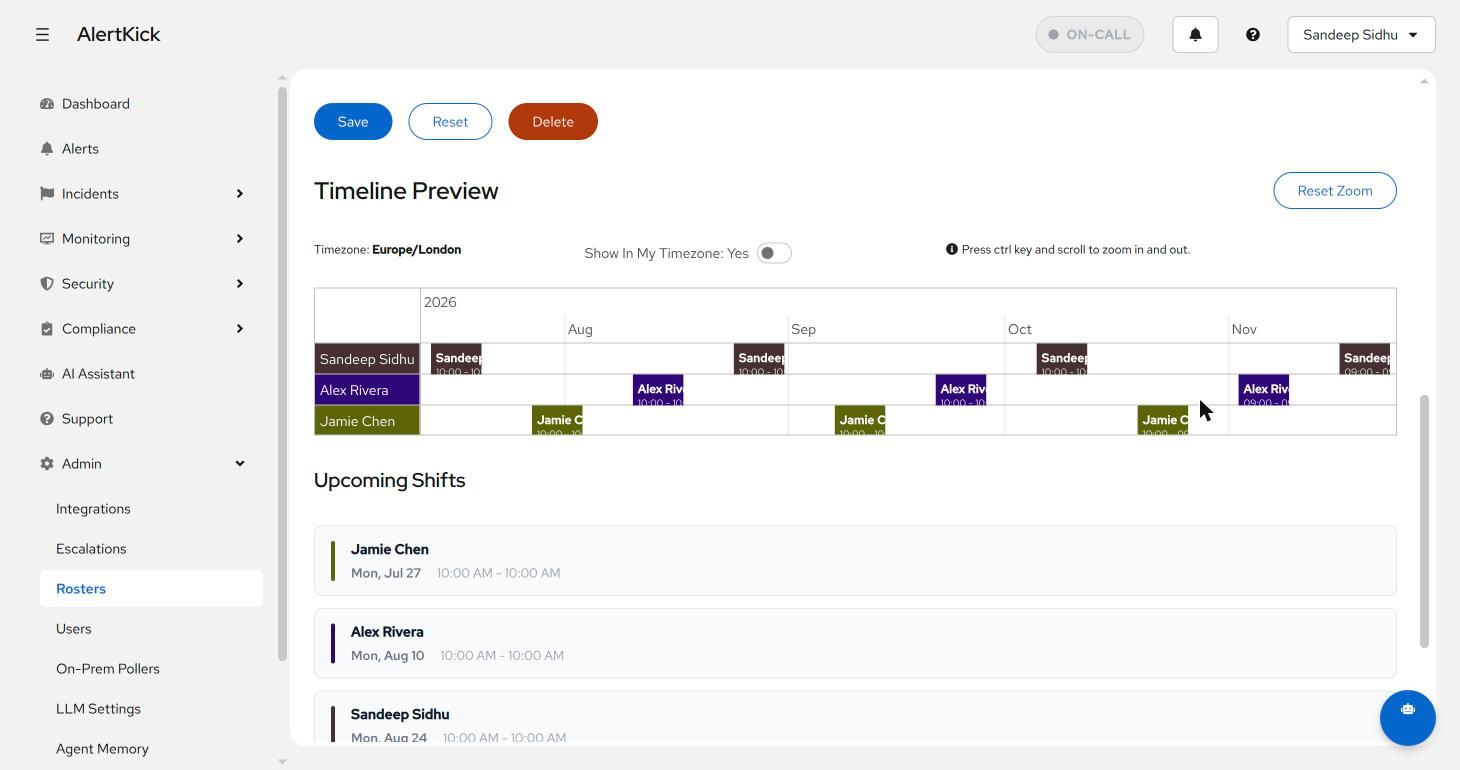 Roster timeline showing alternating weekly shifts for three members across four months, with the upcoming shifts list underneath