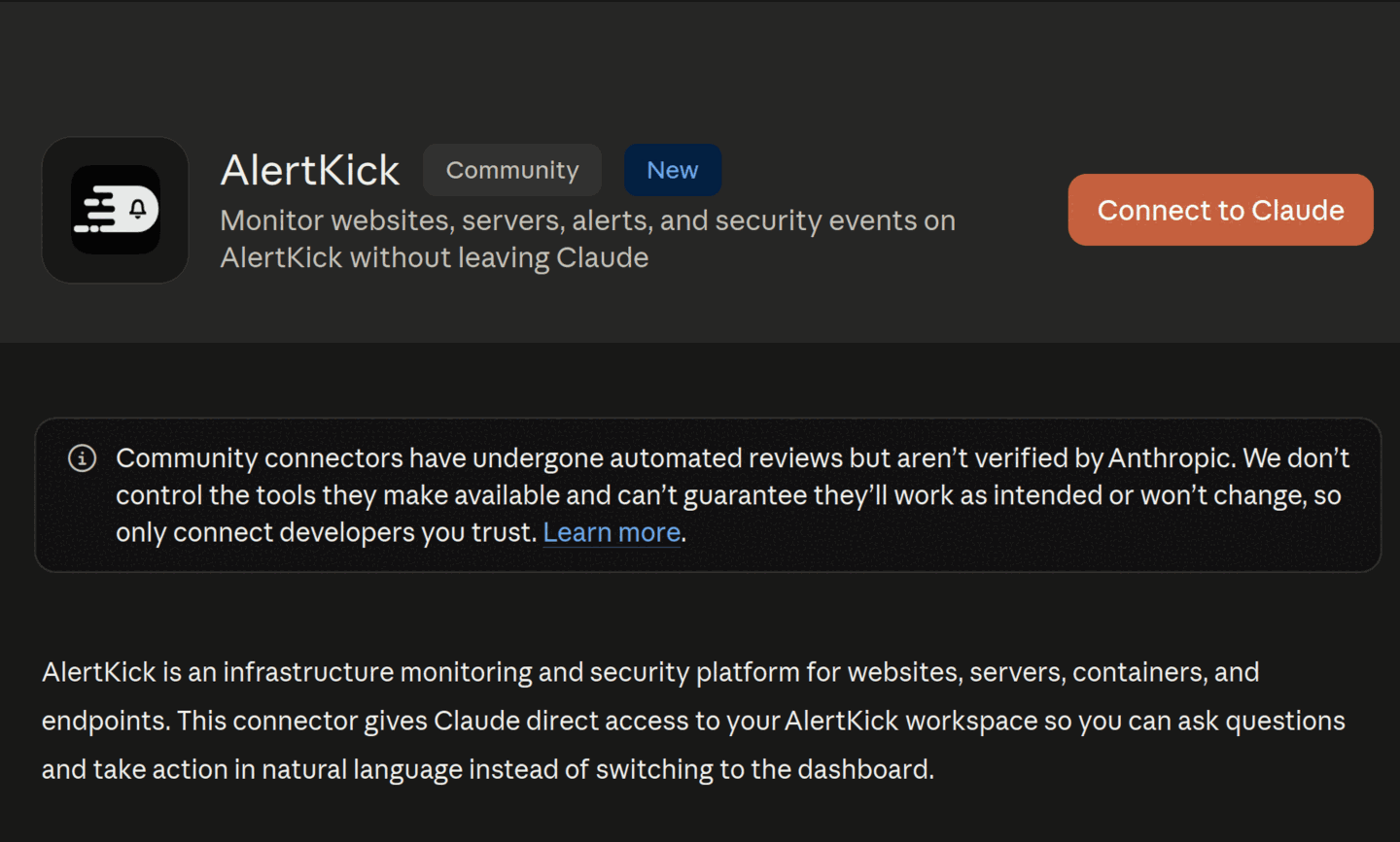 The AlertKick connector page in Claude, showing the Connect to Claude button and the summary: monitor websites, servers, alerts, and security events on AlertKick without leaving Claude
