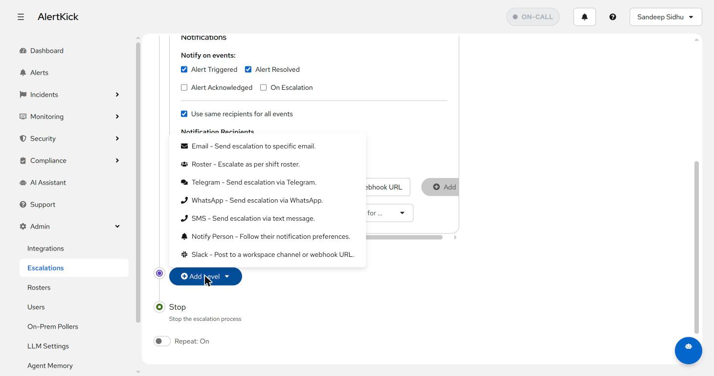 Add Level dropdown listing Email, Push Notification, Roster, Round Robin, Telegram, WhatsApp, SMS, and Slack level types