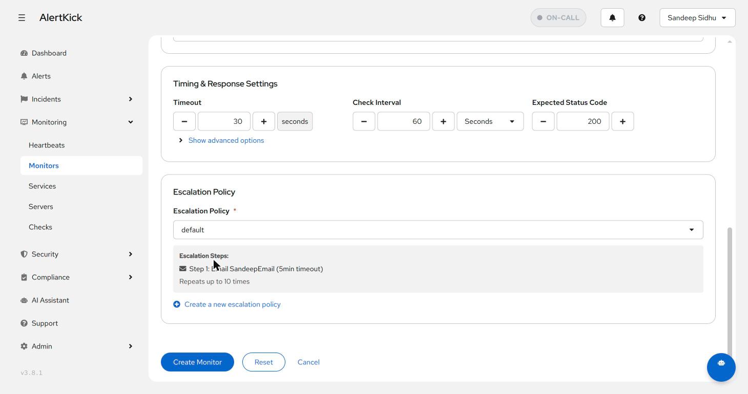 Escalation policy preview on the monitor form