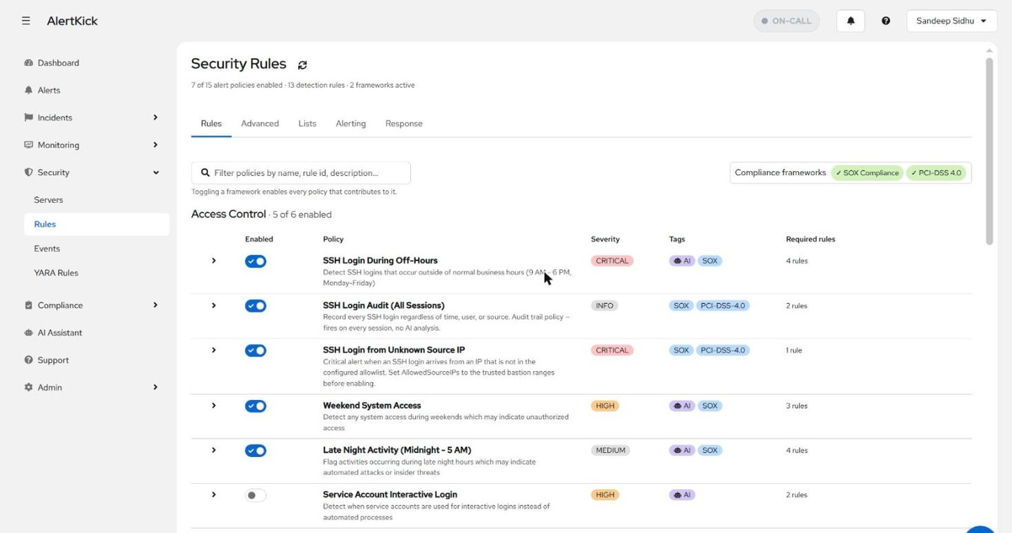 Security Rules page showing the SSH access-control policies with severities and tags