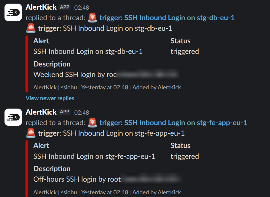 Slack messages from AlertKick in an infra-alerts channel: SSH inbound login alerts with status and description