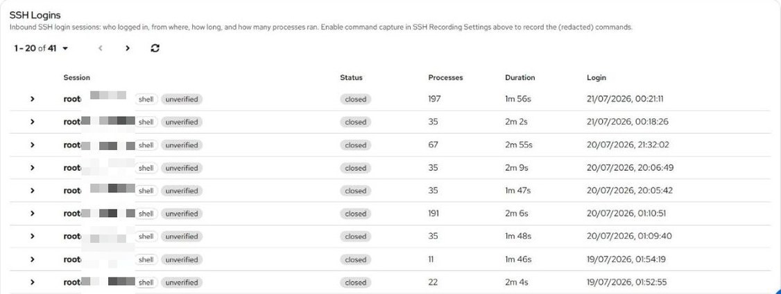 A server's SSH Logins tab with one row per session: user, trust chip, status, process count, duration, and login time